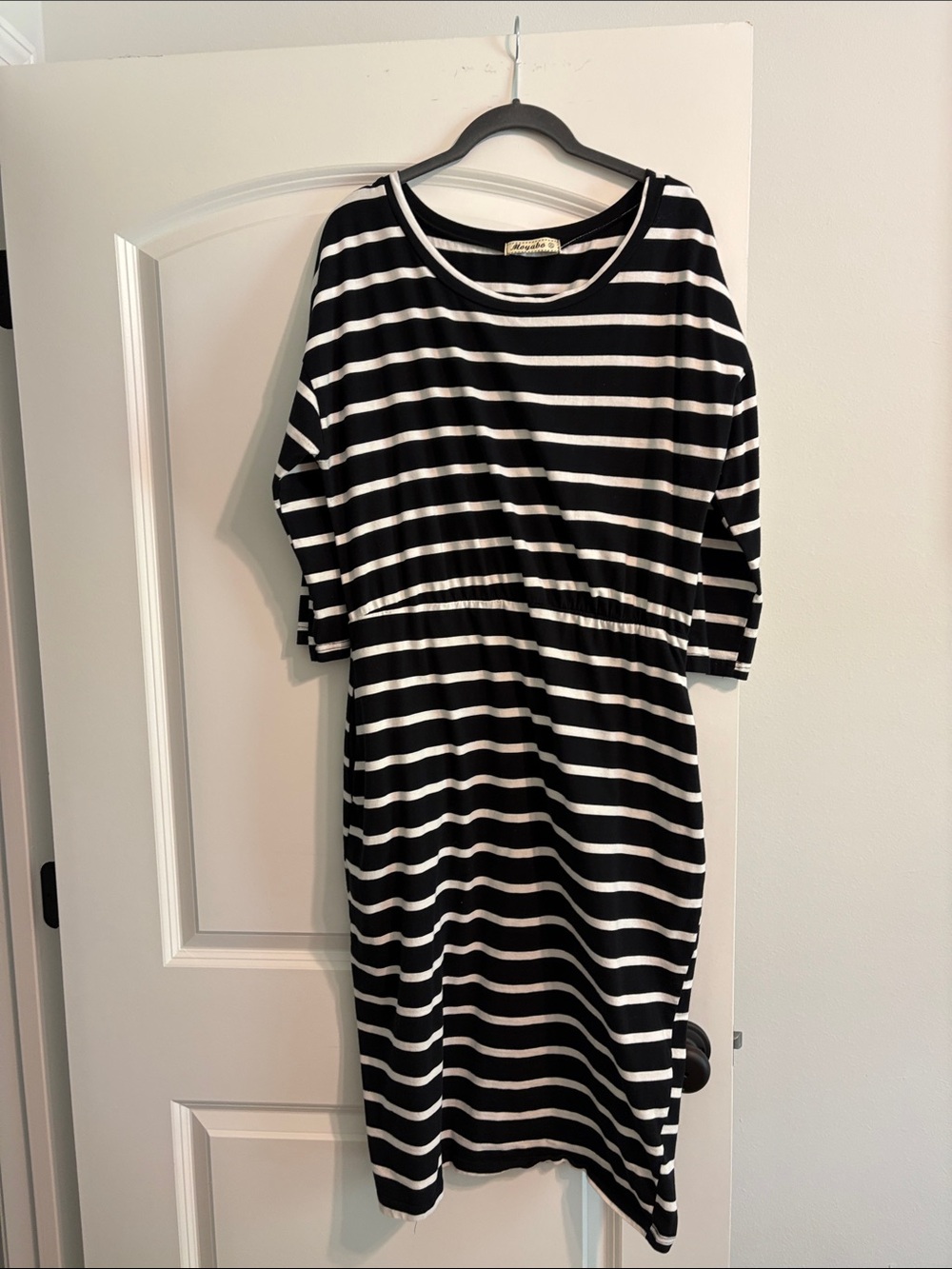 Classic Black and White Striped Midi Dress with Elastic Waist